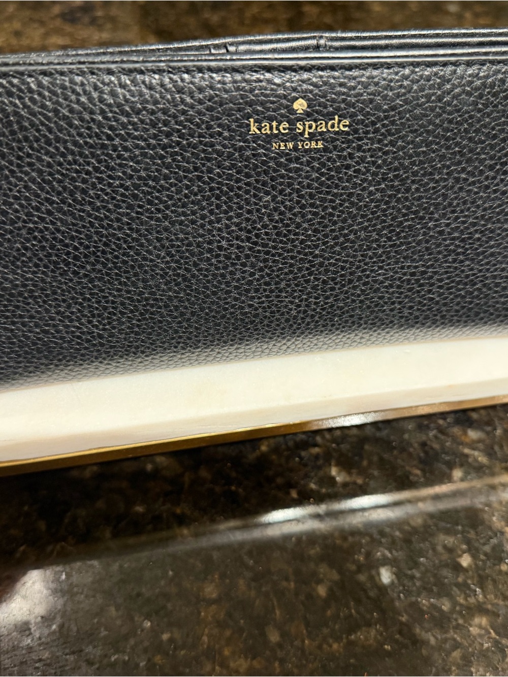 kate spade black pebbled leather continental wallet with gold logo